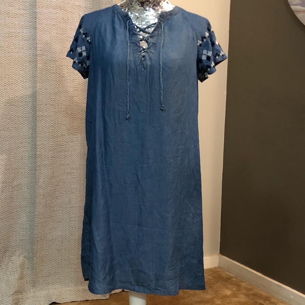 Adorable denim dress with aztec embroidery